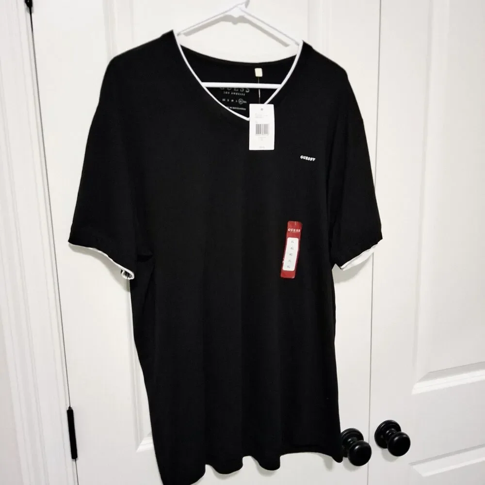 NWT Guess Men's Armin V-Neck Casual Tee, Black w/White Trim, Size XL, New w/Tags - Picture 2 of 16